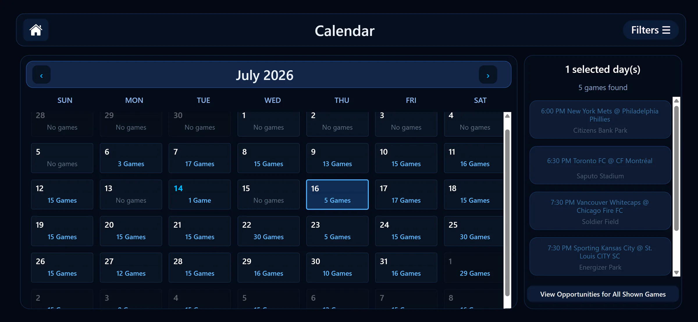 EventFlow July 2026 calendar showing five games for the selected day