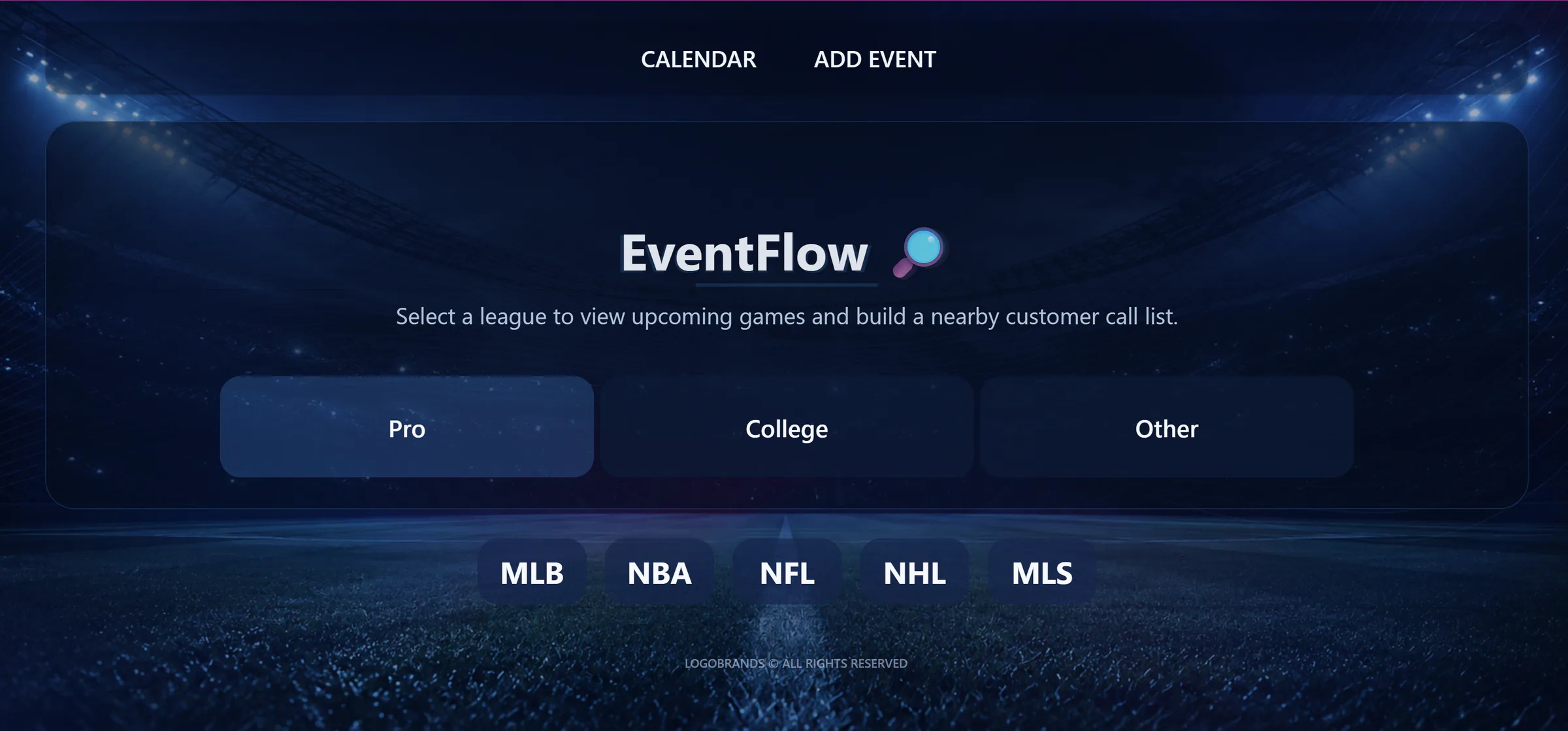 EventFlow start screen with professional, college, and other league options